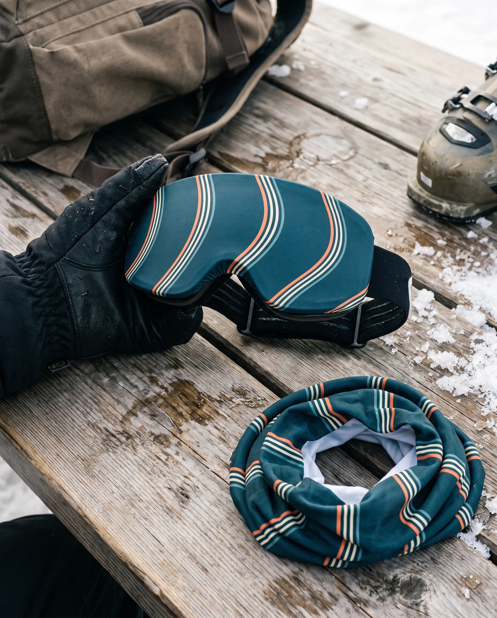 Skibrilhoes in een handschoen en bijpassende nekwarmer op een besneeuwde tafel