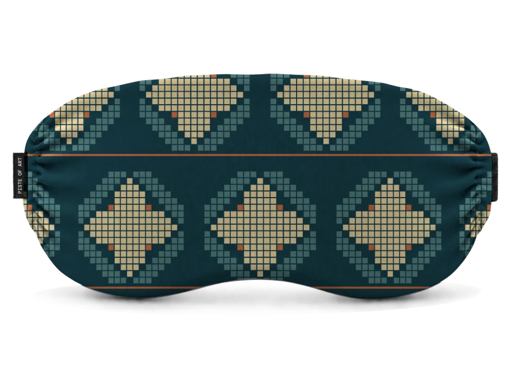 Print Chalet jacquard · Petrol & burnt orange op een skibrilhoes